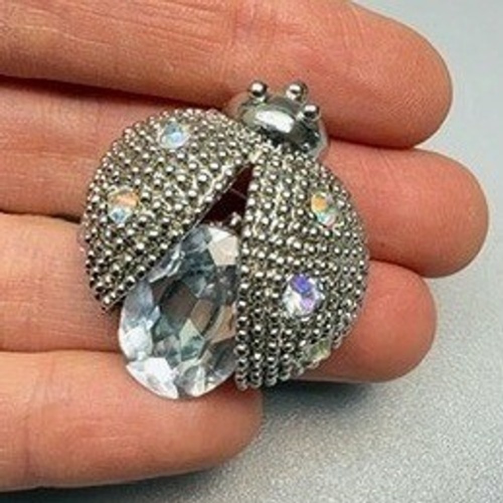 Vintage Silver Tone AB Rhinestone Ladybug Brooch Large Statement